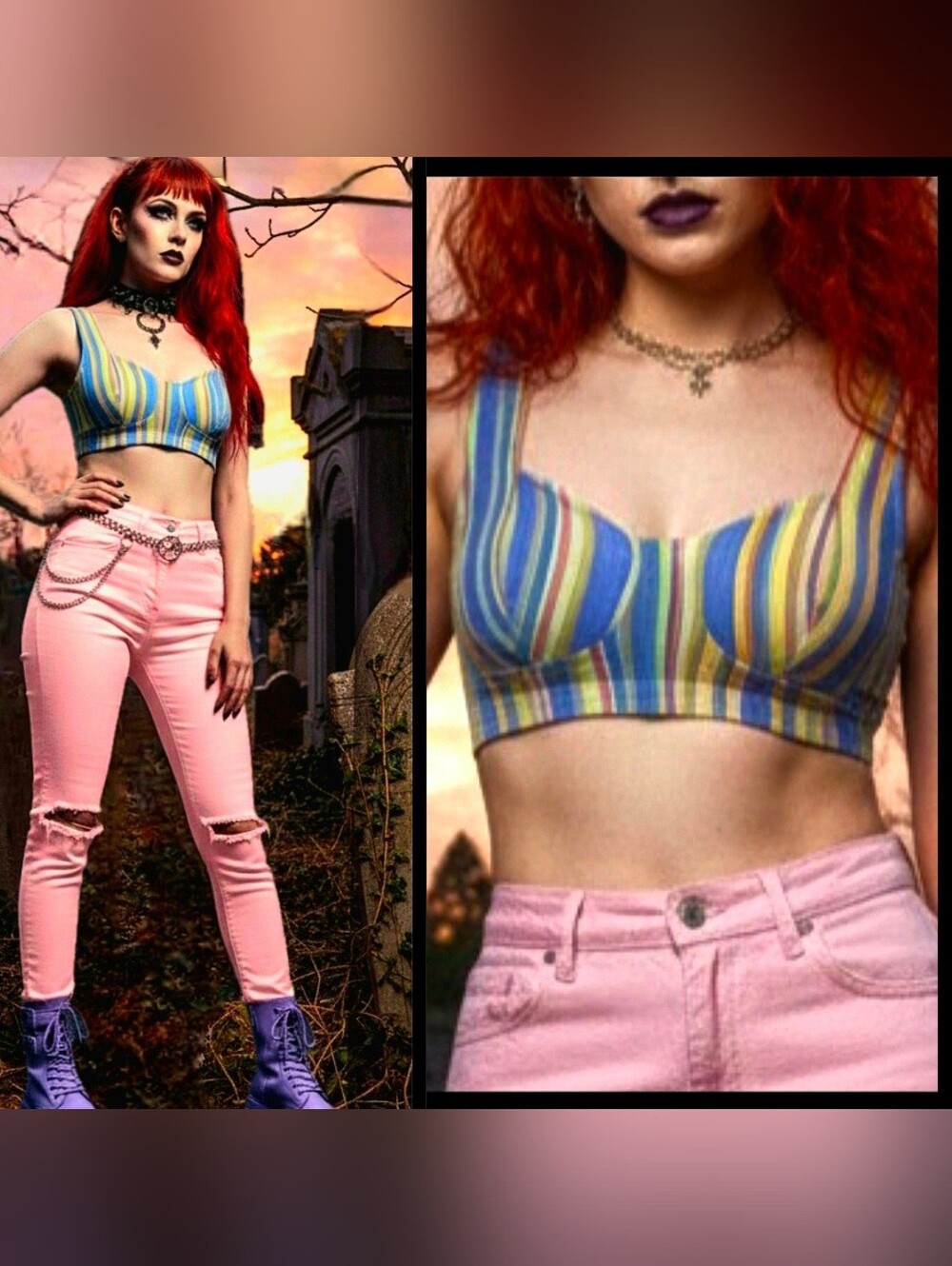 Vtg 90s Athletic Works pastel striped corset sweet heart neckline crop bra top L